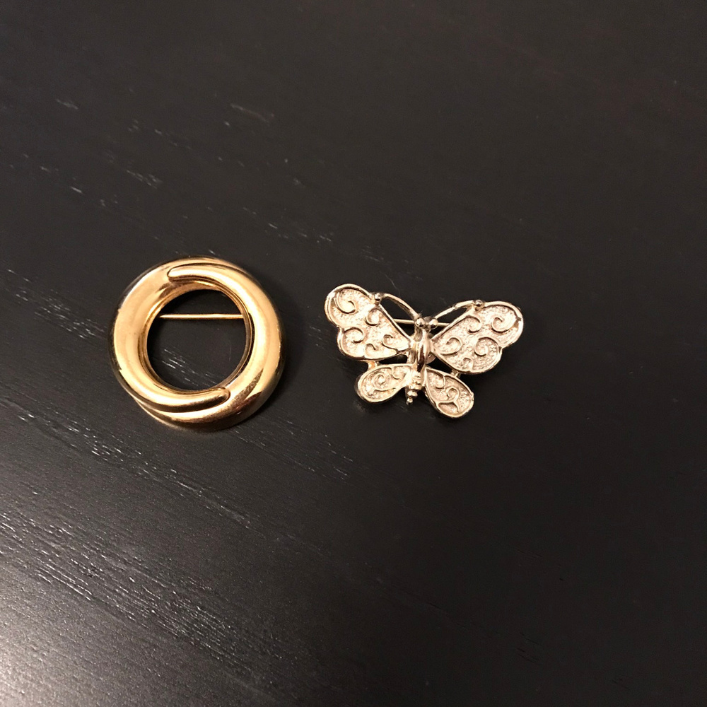Pair of Pins - Gold Circle and Silver Butterfly
